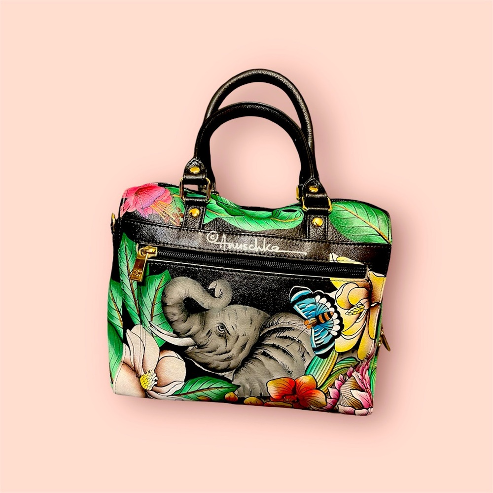 Anuschka Hand-Painted Leather Zip Satchel Removable Strap Elephant Garden NWOT